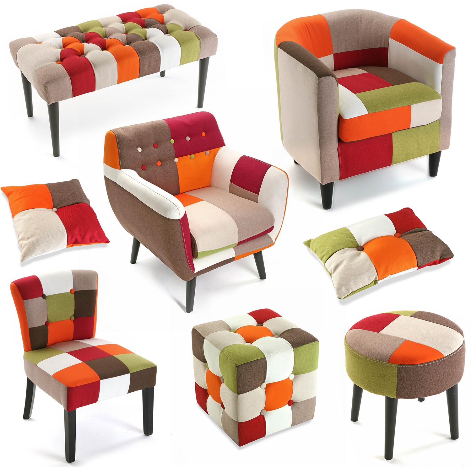 Fauteuil Chaise en tissu Patchwork coloré et pieds bois 64x62x56cm