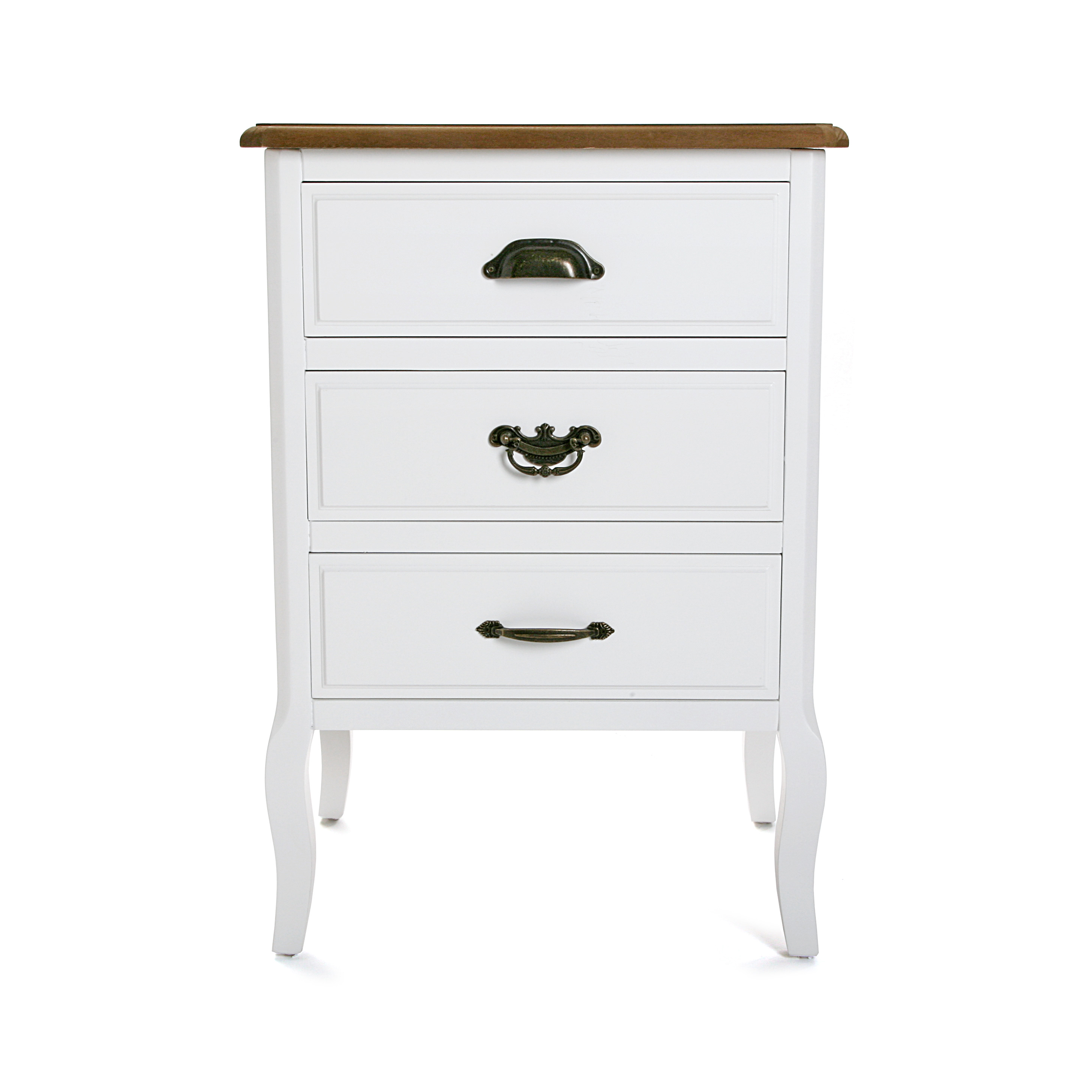 Table de Chevet Romantique 3 tiroirs en bois blanc et plateau bois