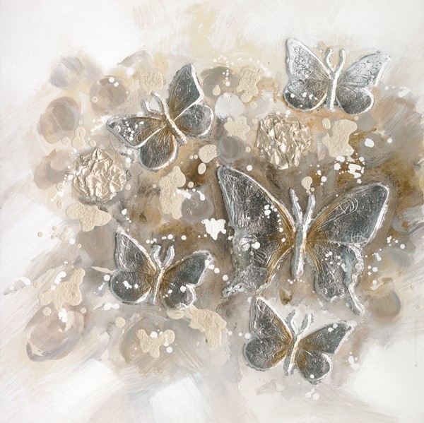 Tableau Papillons 60x60 Argenté Doré Ajout De Matières En Relief