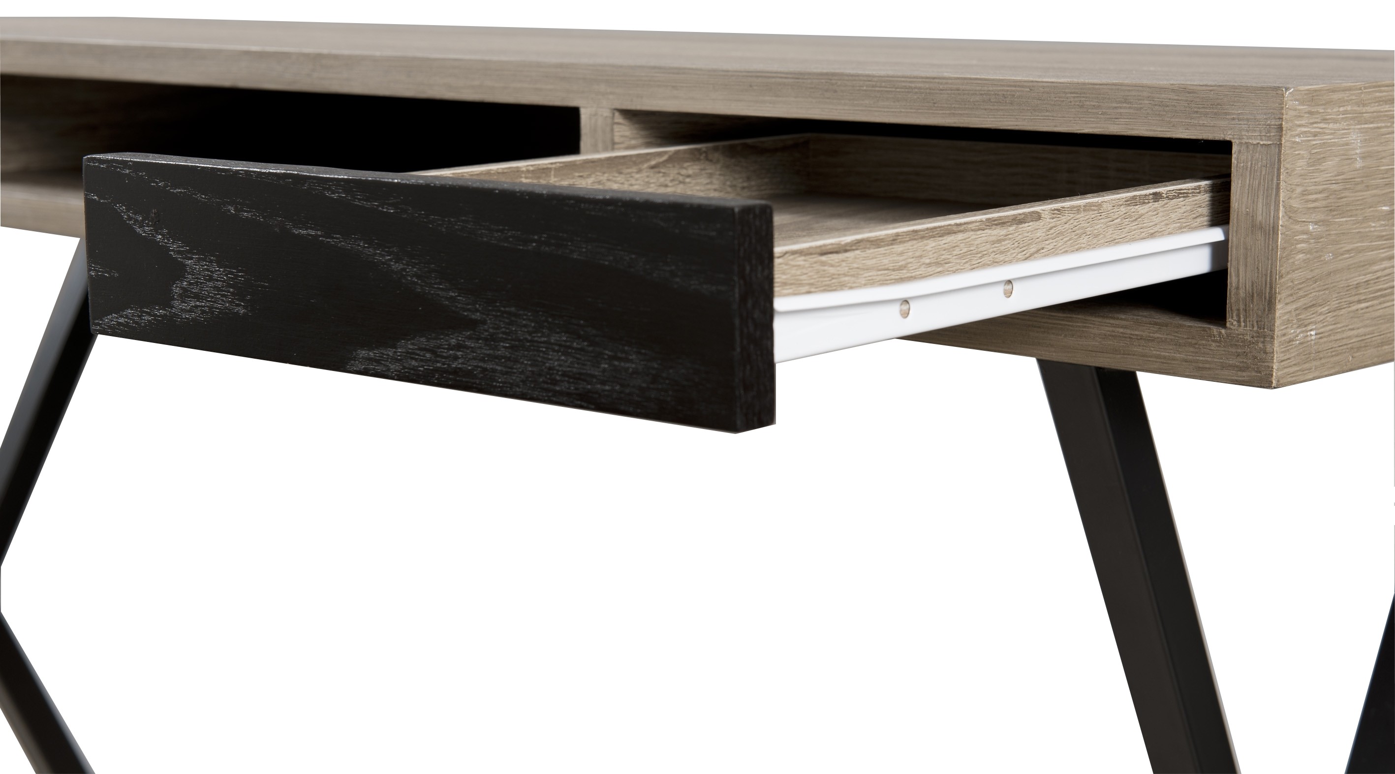 Bureau Console Retro Bois 2 Tiroirs Et Pieds Croises Metal Noir