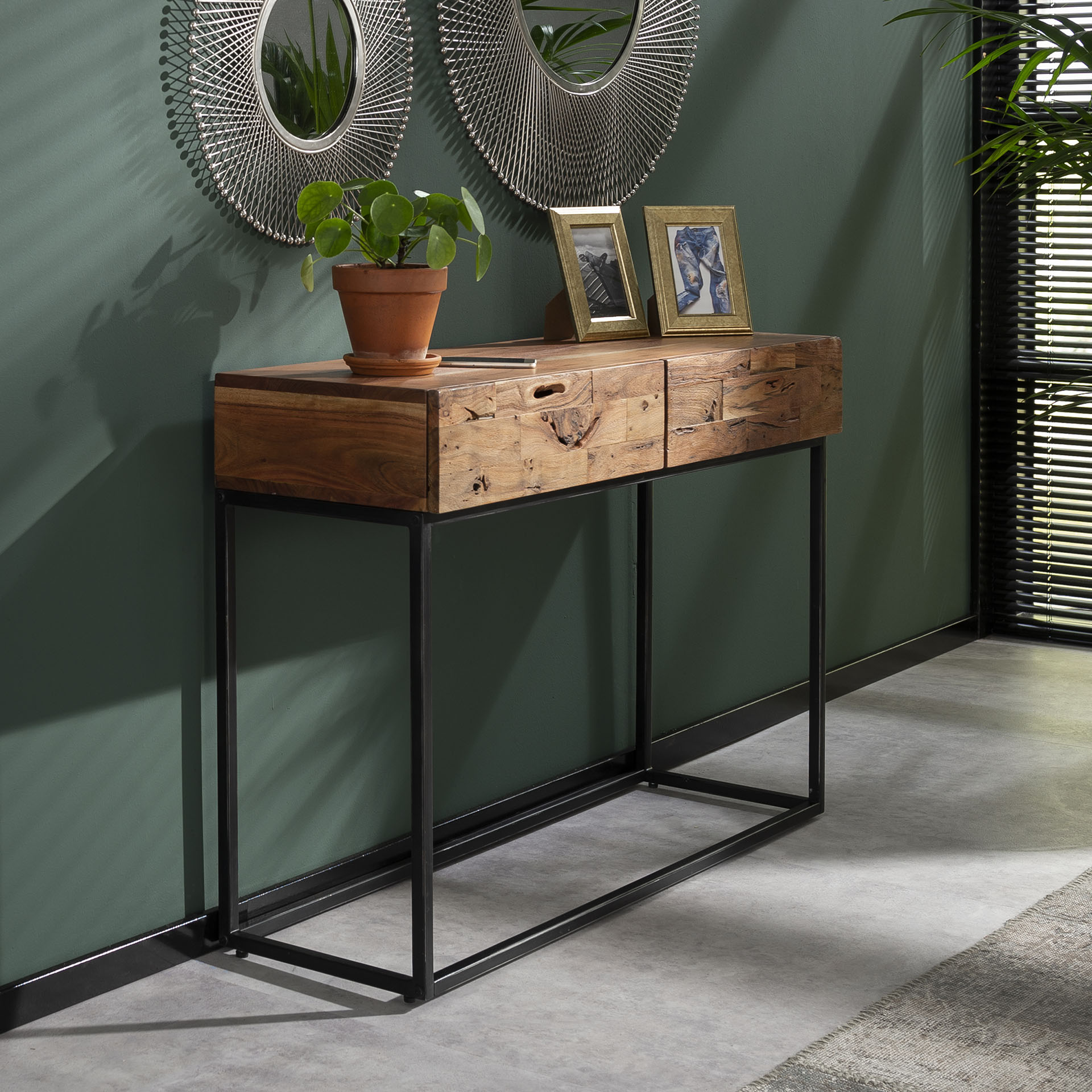 Console D'entrée En Bois Naturel 100x30x75 Cm - 2 Tiroirs, étagère, Design Moderne Pour Salon