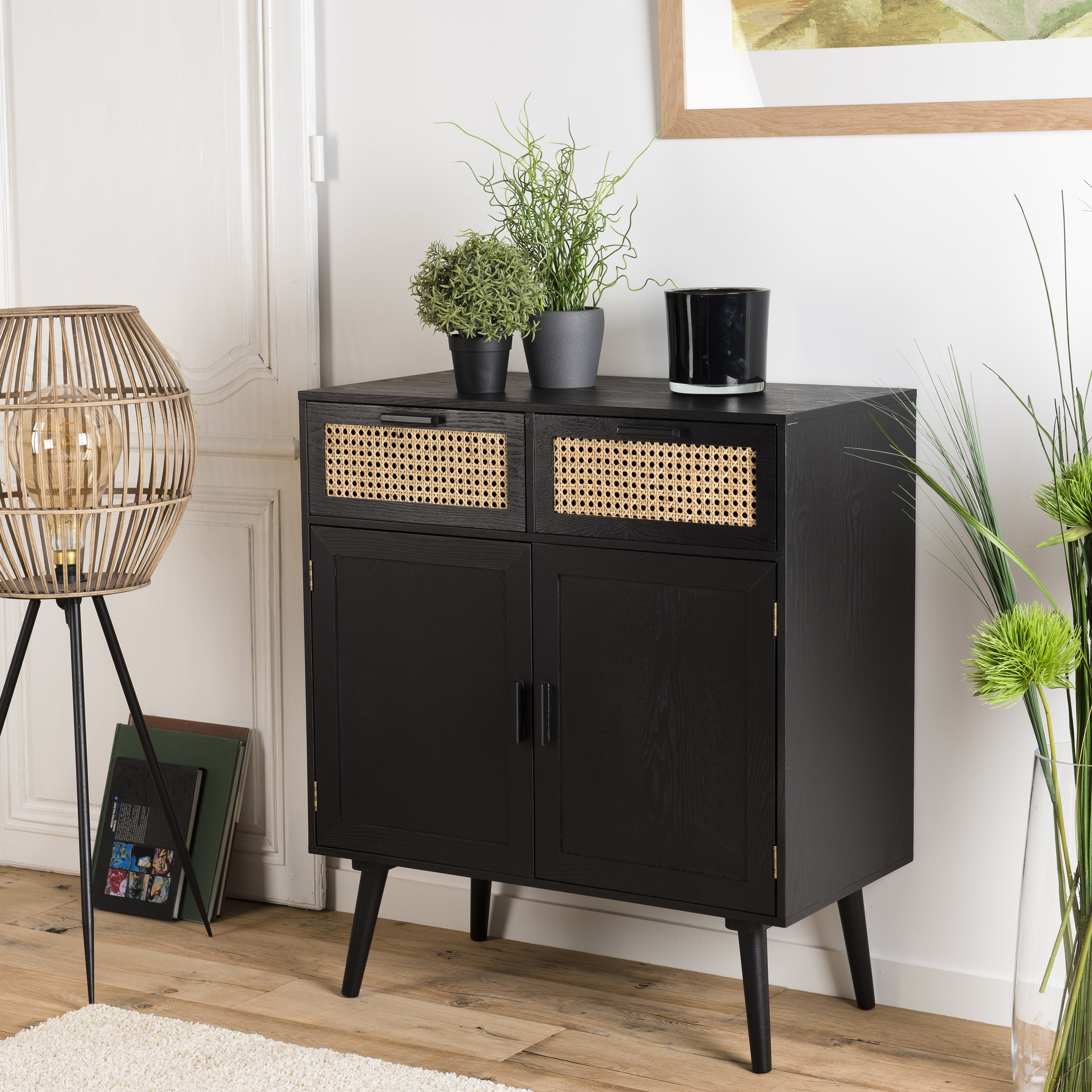 Buffet Salon Noir Et Bois Petit buffet bois noir avec cannage PALMA 2 | Buffets / Bahuts | Pier
