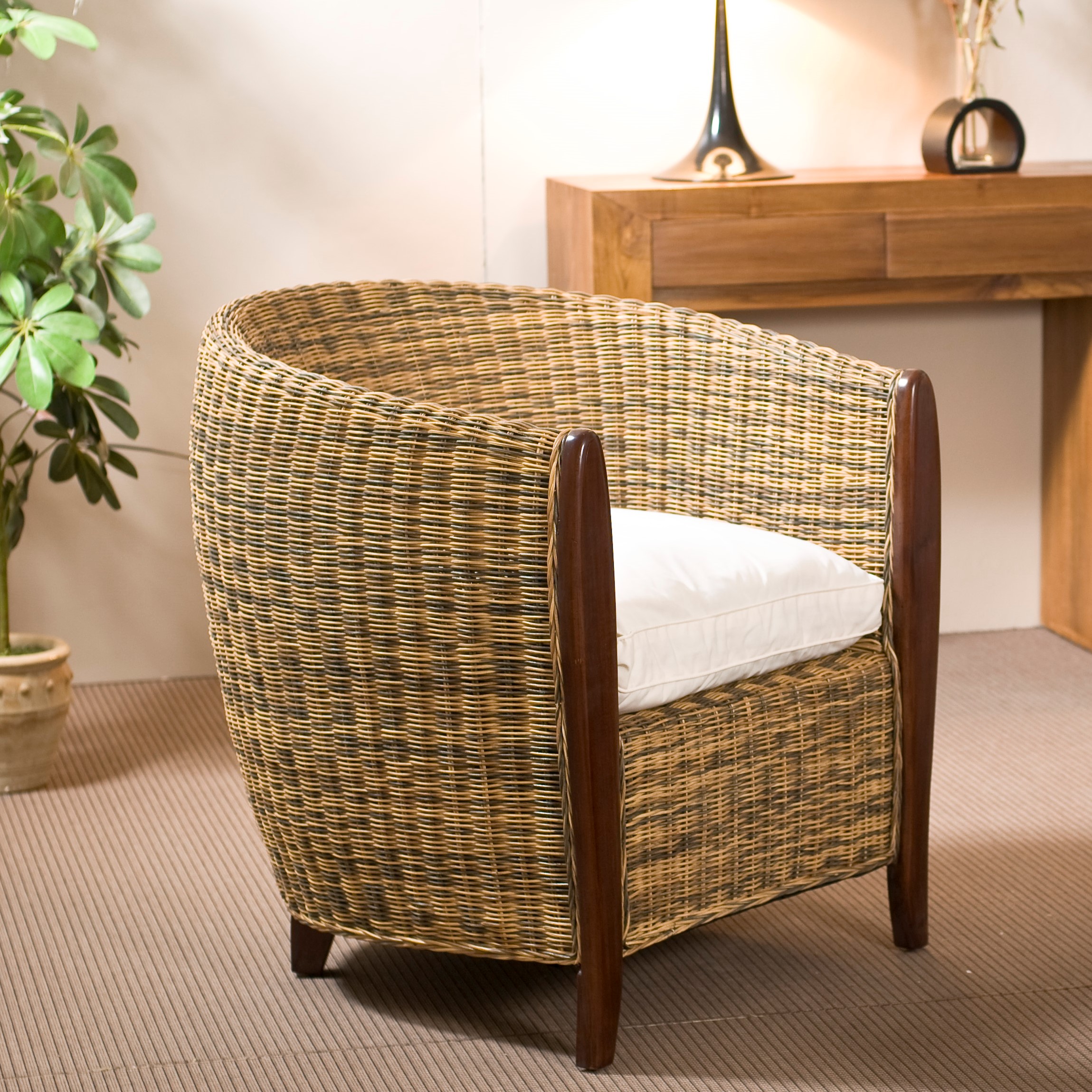 Fauteuil En Rotin Naturel Avec Coussin - Design Confort Pour Salon, Jardin, Chambre - Intérieur/Extérieur