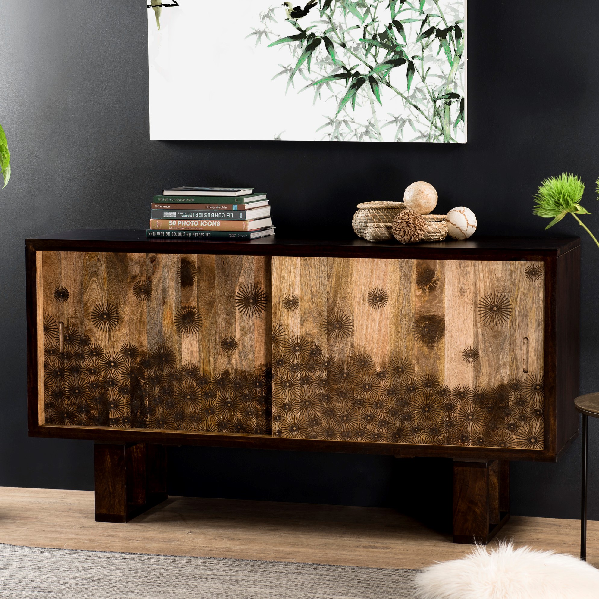 Buffet porte coulissante motif abstrait MAURAI | Buffets ...
