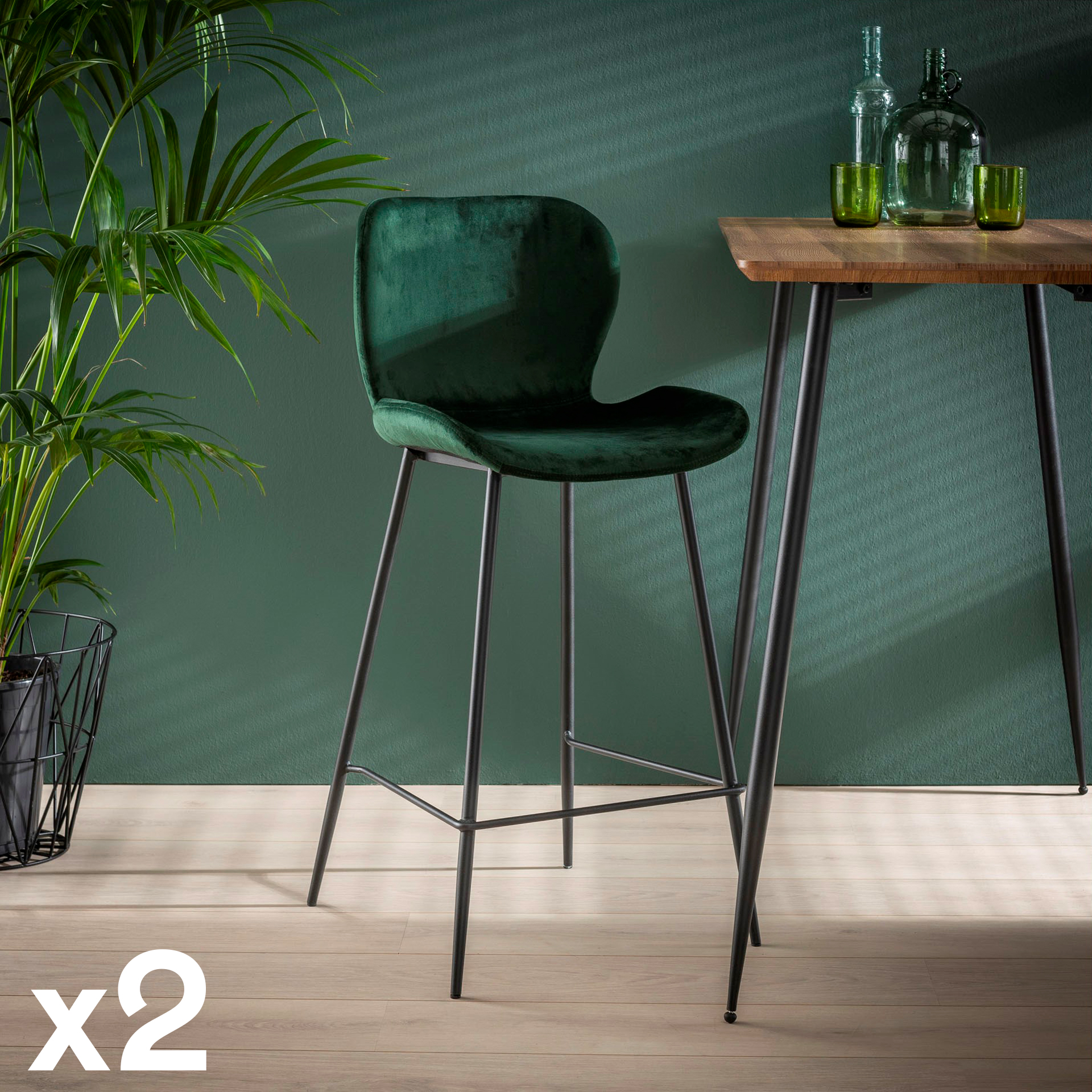 Chaise de bar en velours vert MELBOURNE (lot de 2) Tabourets de bar