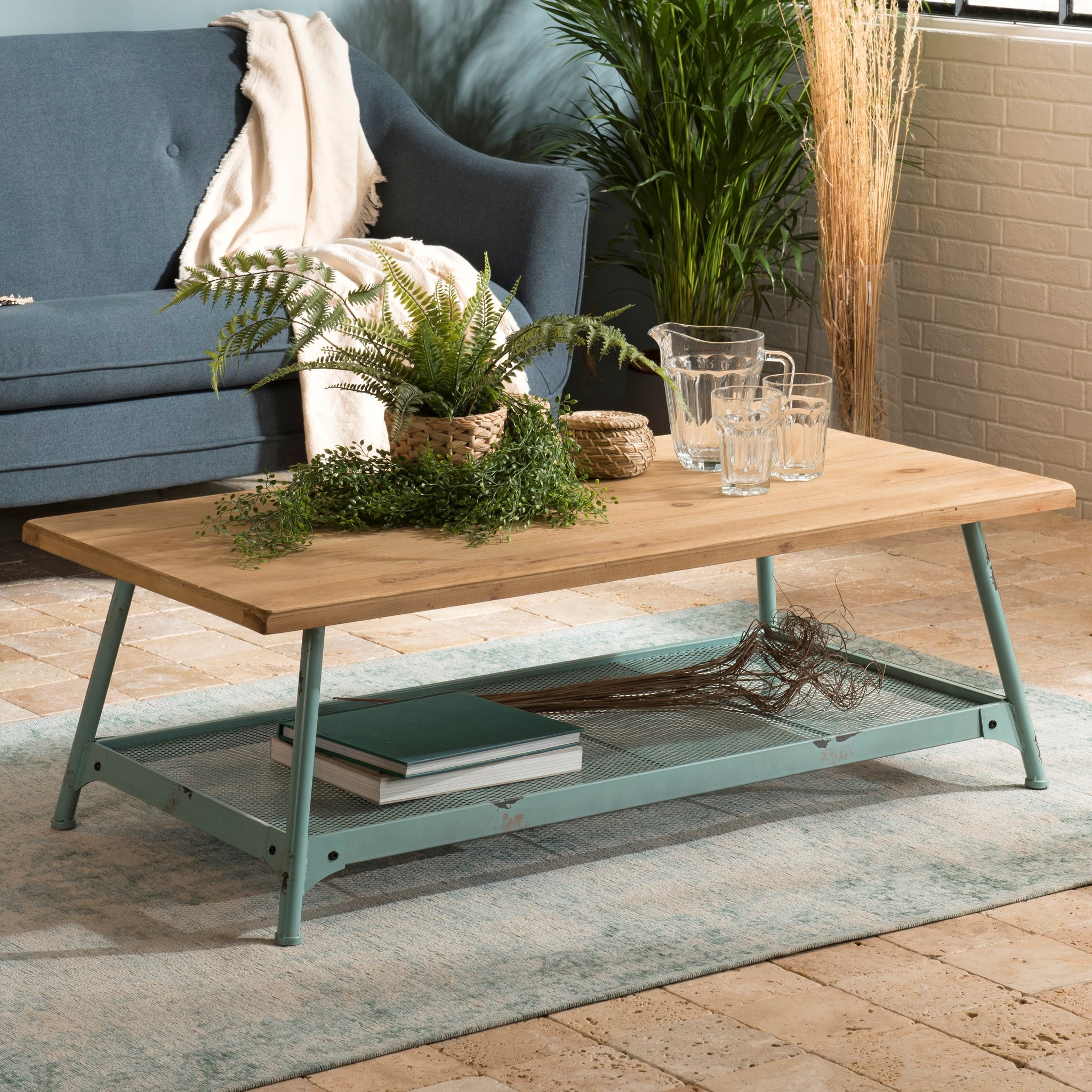 Table basse scandinave bois de sapin piètement vieilli bleu BOSTON