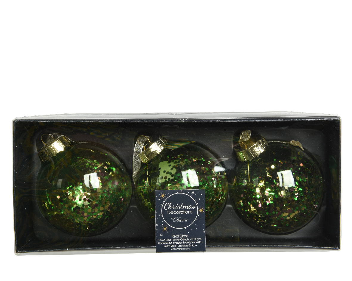 Boules de Noël vertes transparentes à paillettes (boîte de 3 boules en