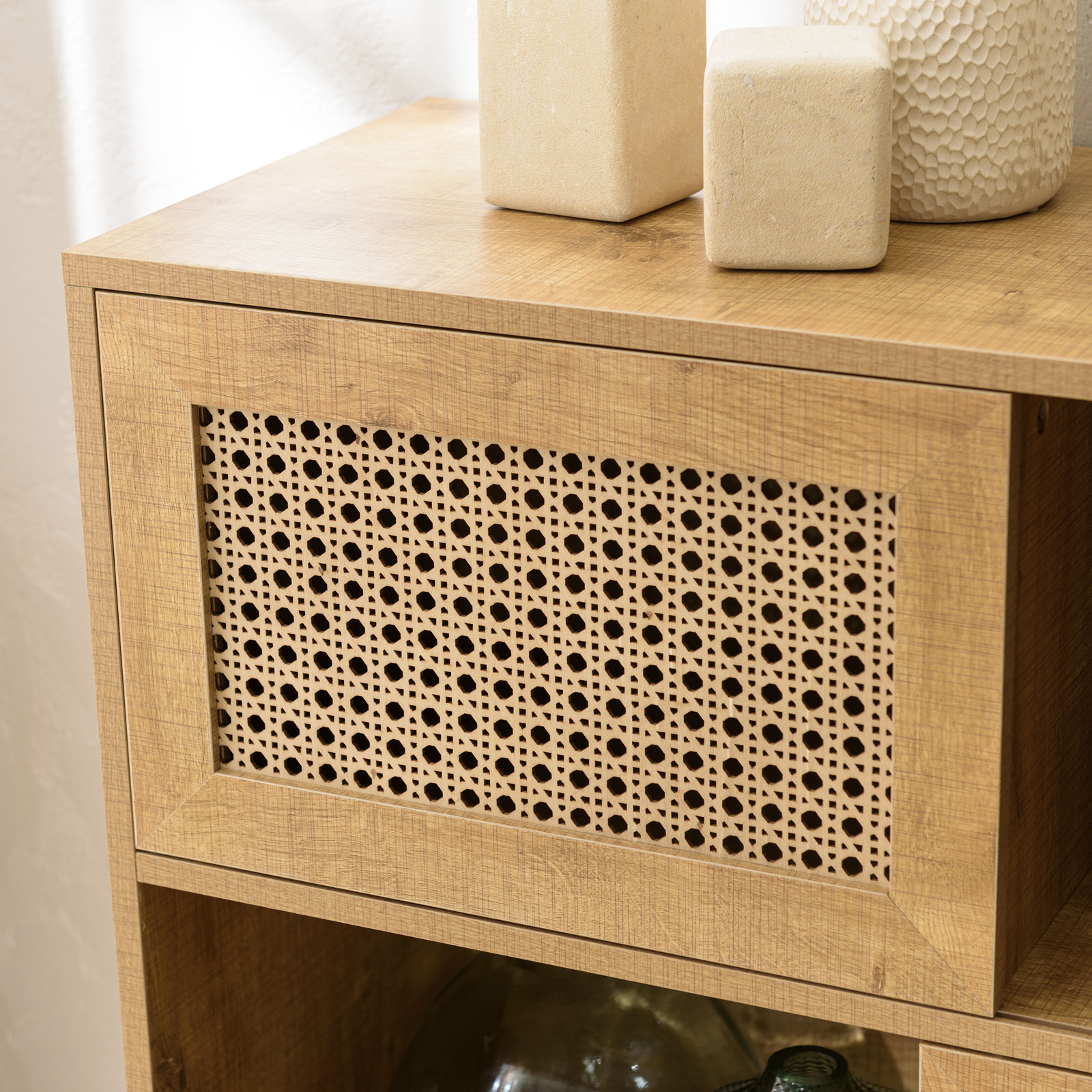IDMarket Buffet Bas EDHEN 110cm 3 Portes - Bois Et Cannage Style Naturel Pour Salon