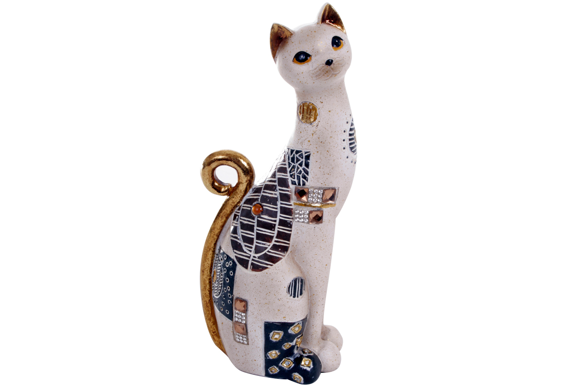 Chat Assis Resine Blanc Bleu Decor Dore Et Strasses L7xl9xh23 5cm Figurines Statues Pier Import