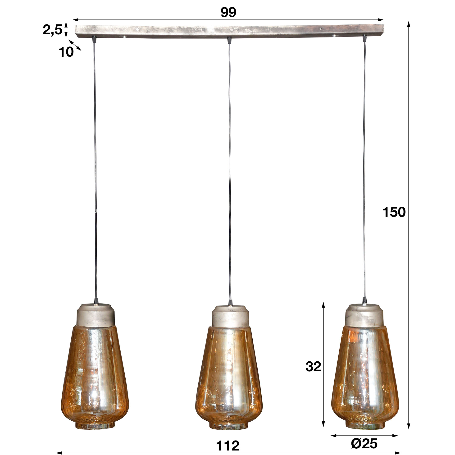 Suspension Vintage V-TAC E27 – Métal Et Verre Ambre, Design Rétro
