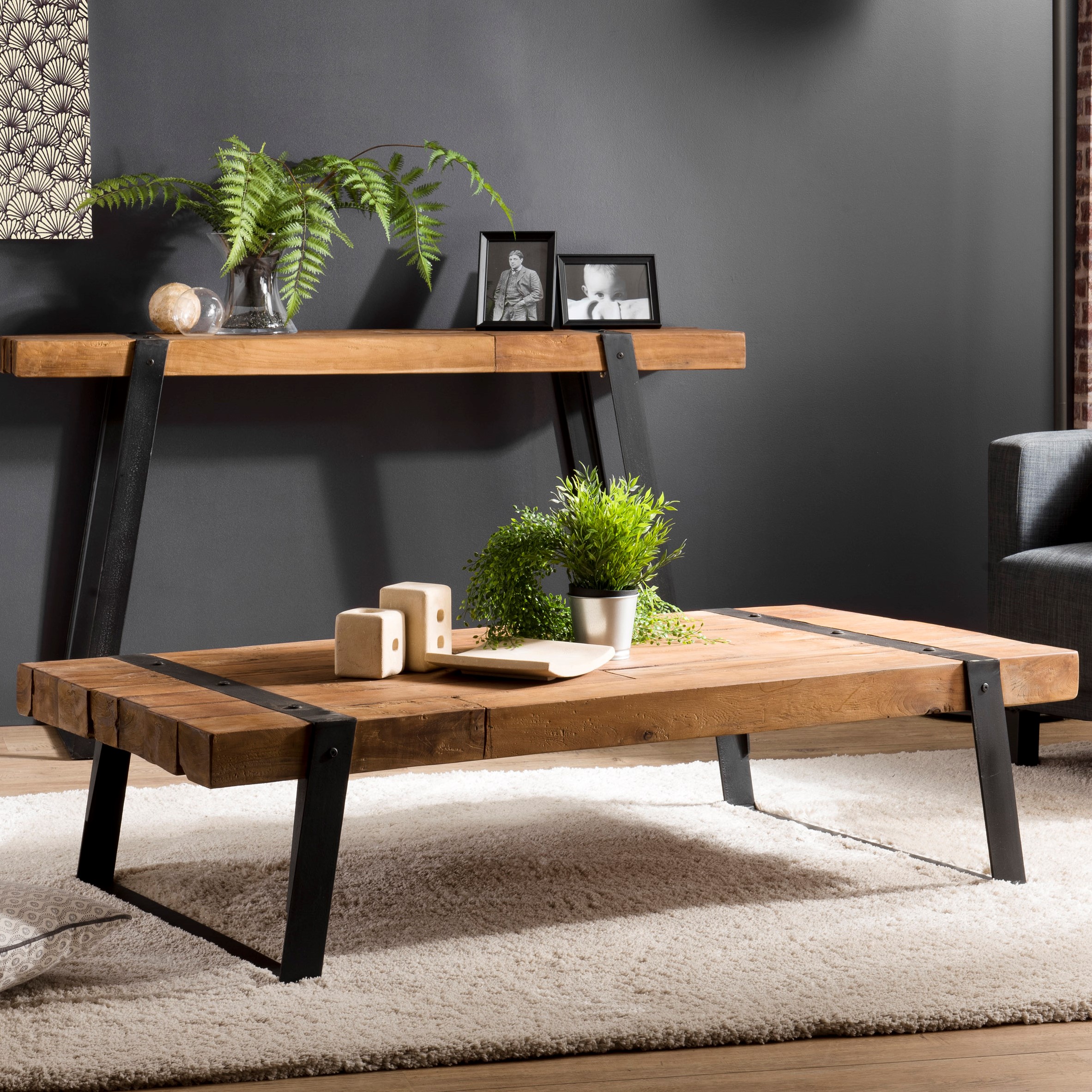 Table Basse Industrielle 120x60 Cm – Bois Massif Vintage Avec Étagère, Gris Foncé