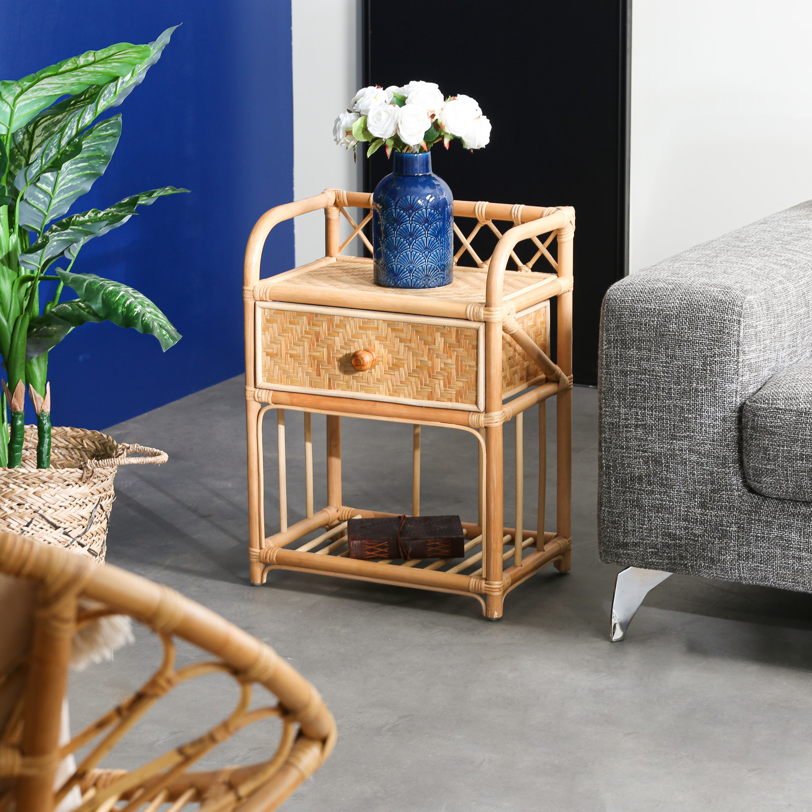 Table De Chevet Bohème HOMCOM – Porte En Rotin Et étagère Réglable