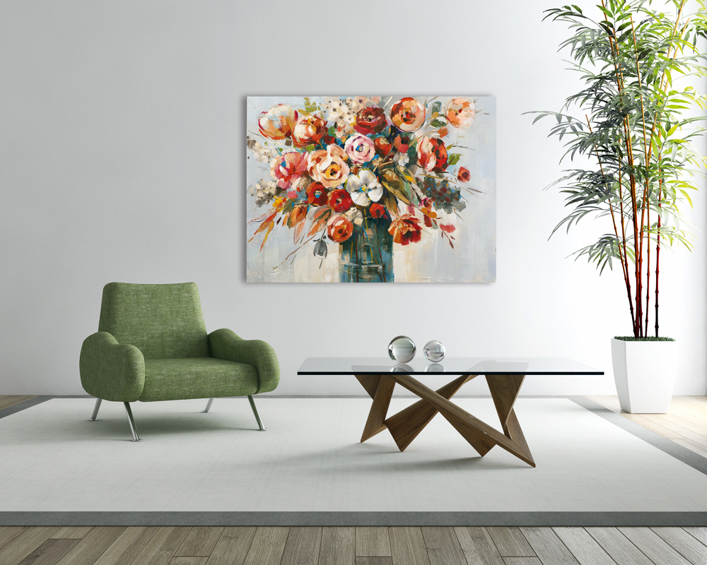 Tableau FLEURS Bouquet dans vase peinture acrylique et feuilles métal ...